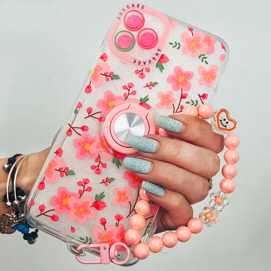 Pink Retro Flower With Chain  Silicon Case For iPhone