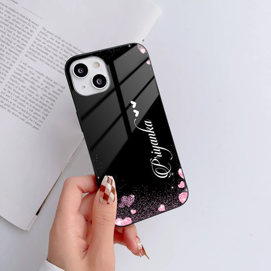 Glossy Black & Pink Hearts Customized Glass Mobile Cover