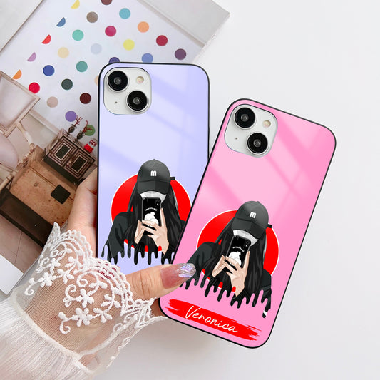 Girl With Phone Customized Glass Mobile Cover