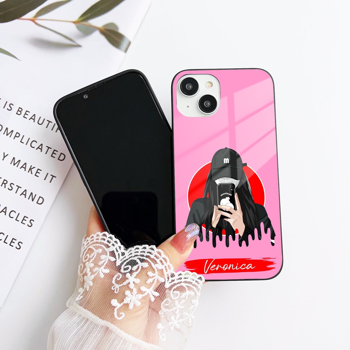 Girl With Phone Customized Glass Mobile Cover