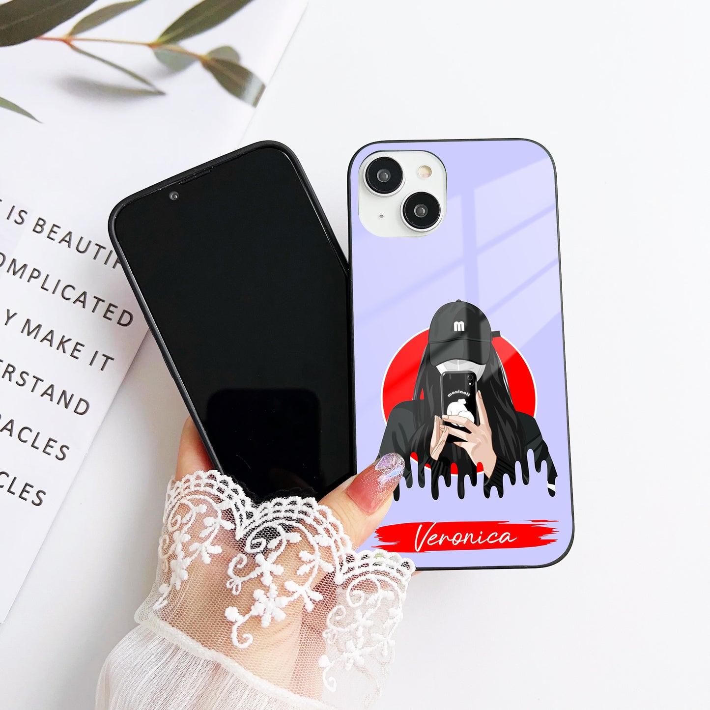 Girl With Phone Customized Glass Mobile Cover