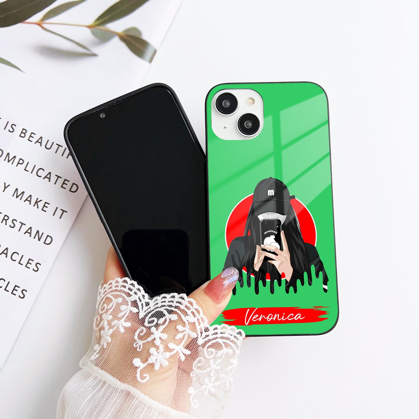 Girl With Phone Customized Glass Mobile Cover