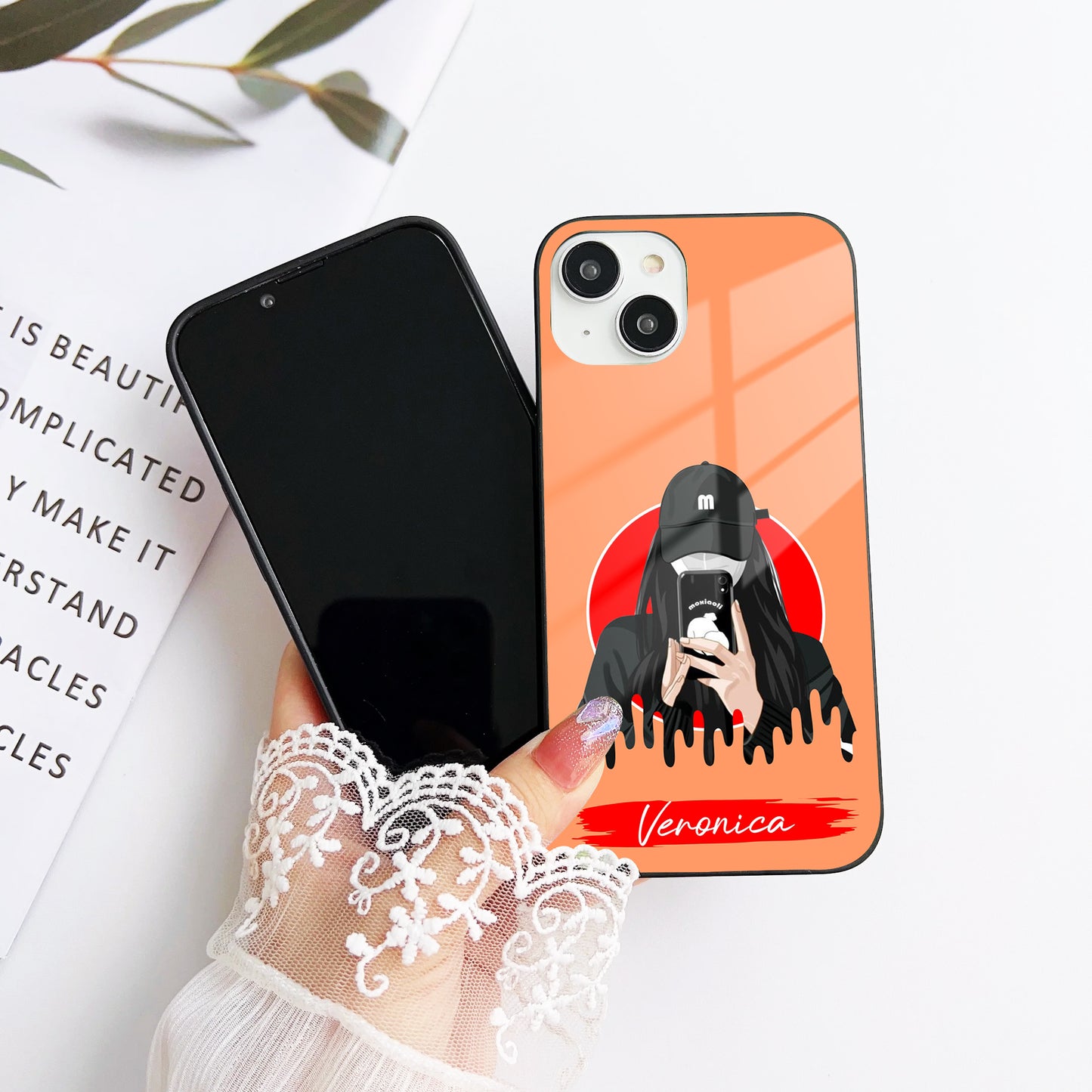 Girl With Phone Customized Glass Mobile Cover