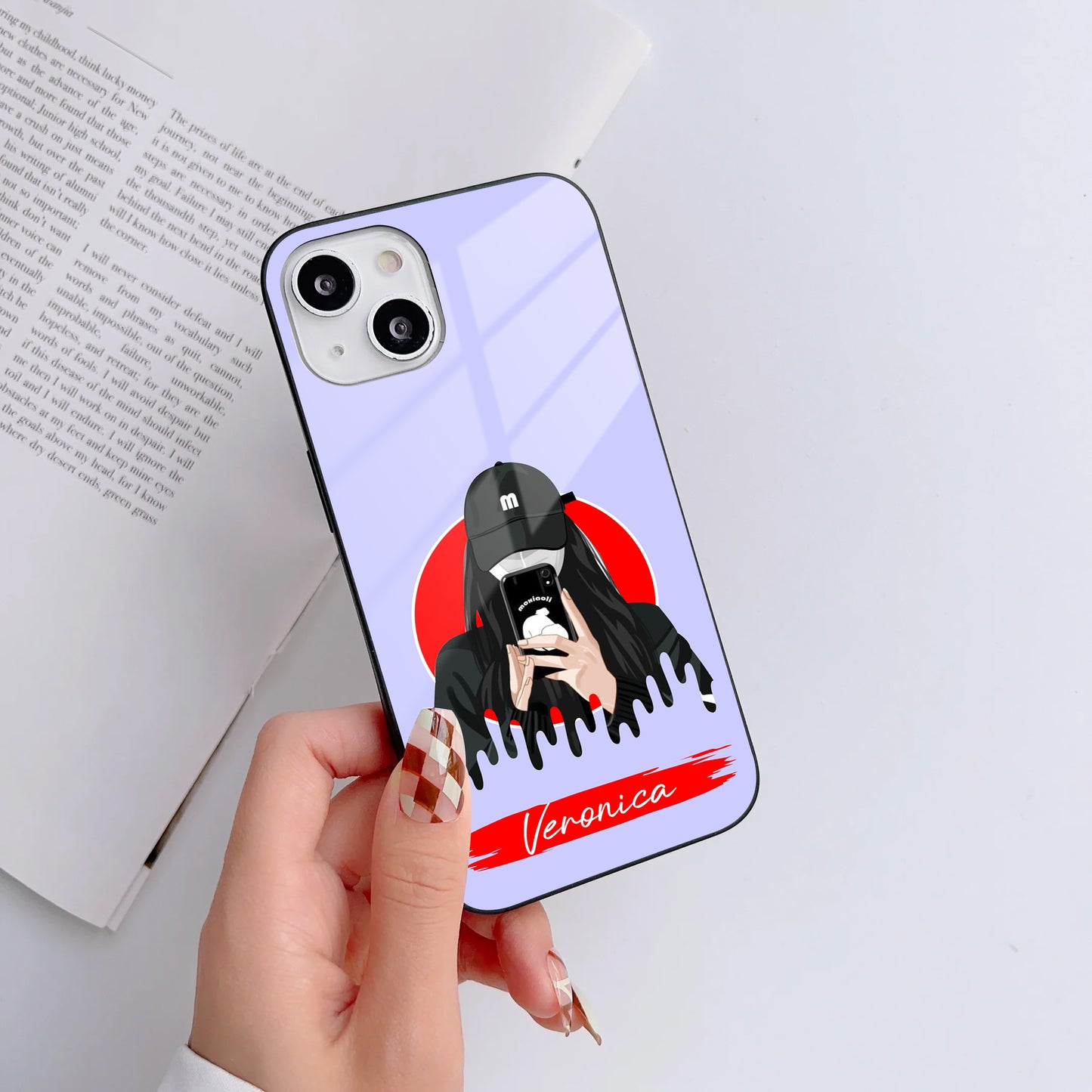 Girl With Phone Customized Glass Mobile Cover