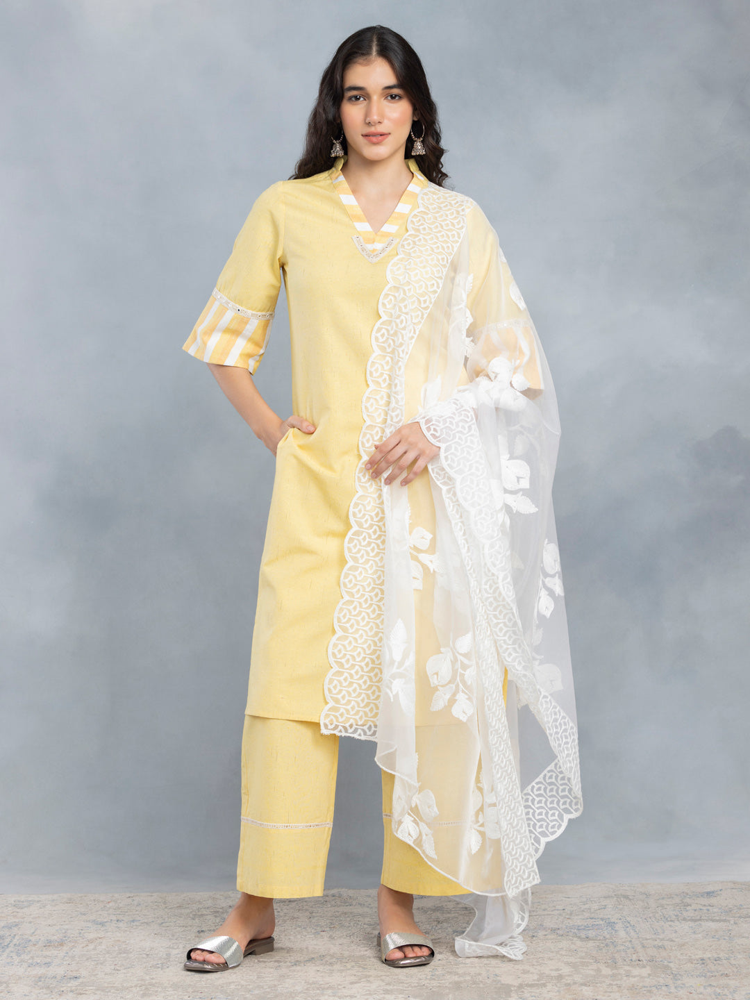 Yellow Mirror Work A Line Kurta Set With Dupatta