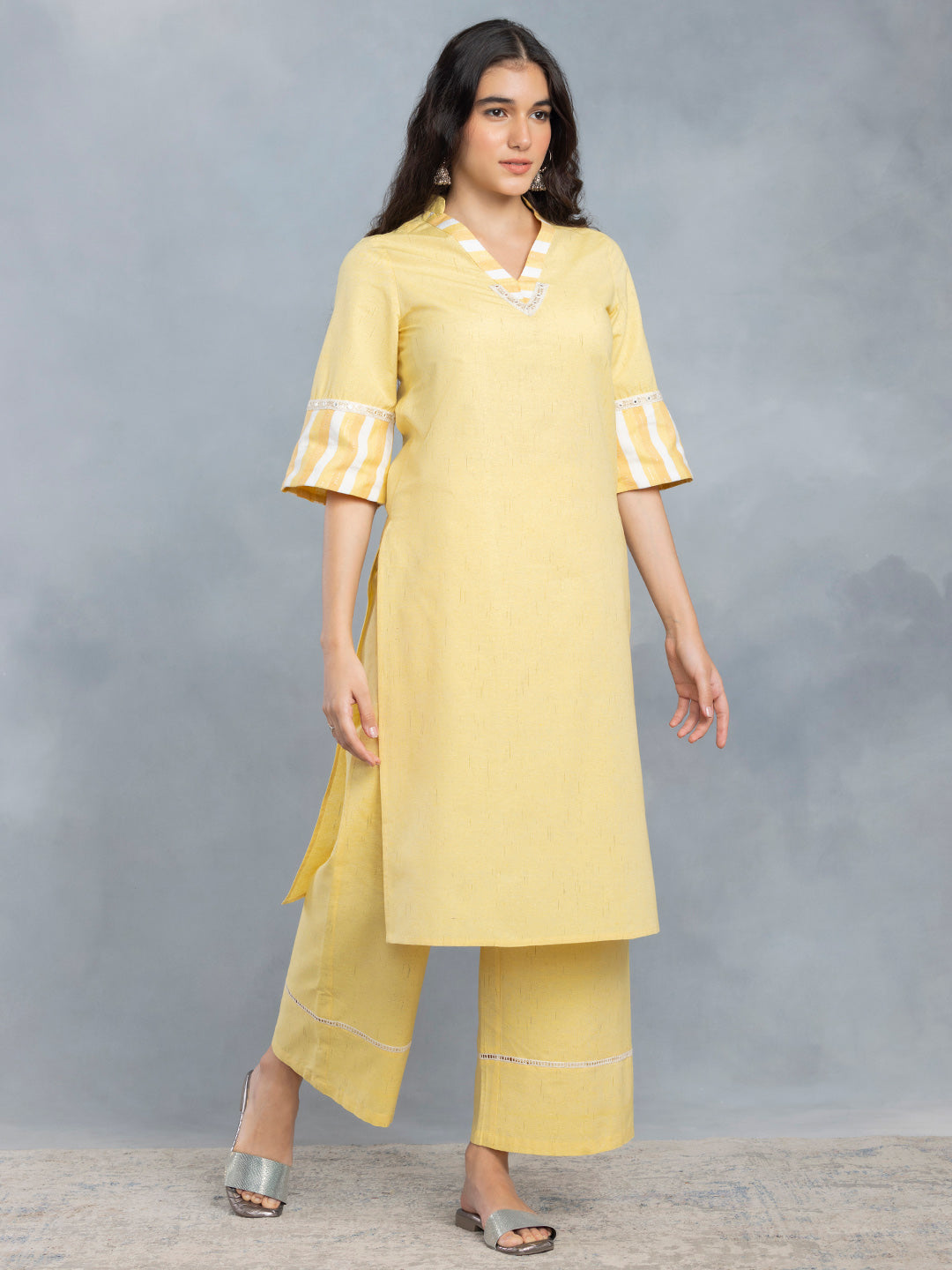Yellow Mirror Work A Line Kurta Set With Dupatta