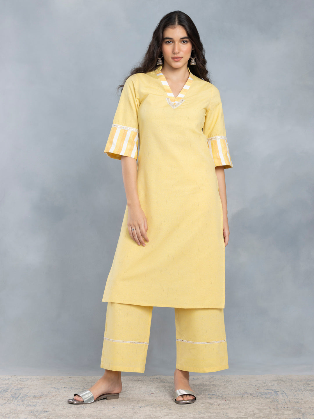 Yellow Mirror Work A Line Kurta Set With Dupatta